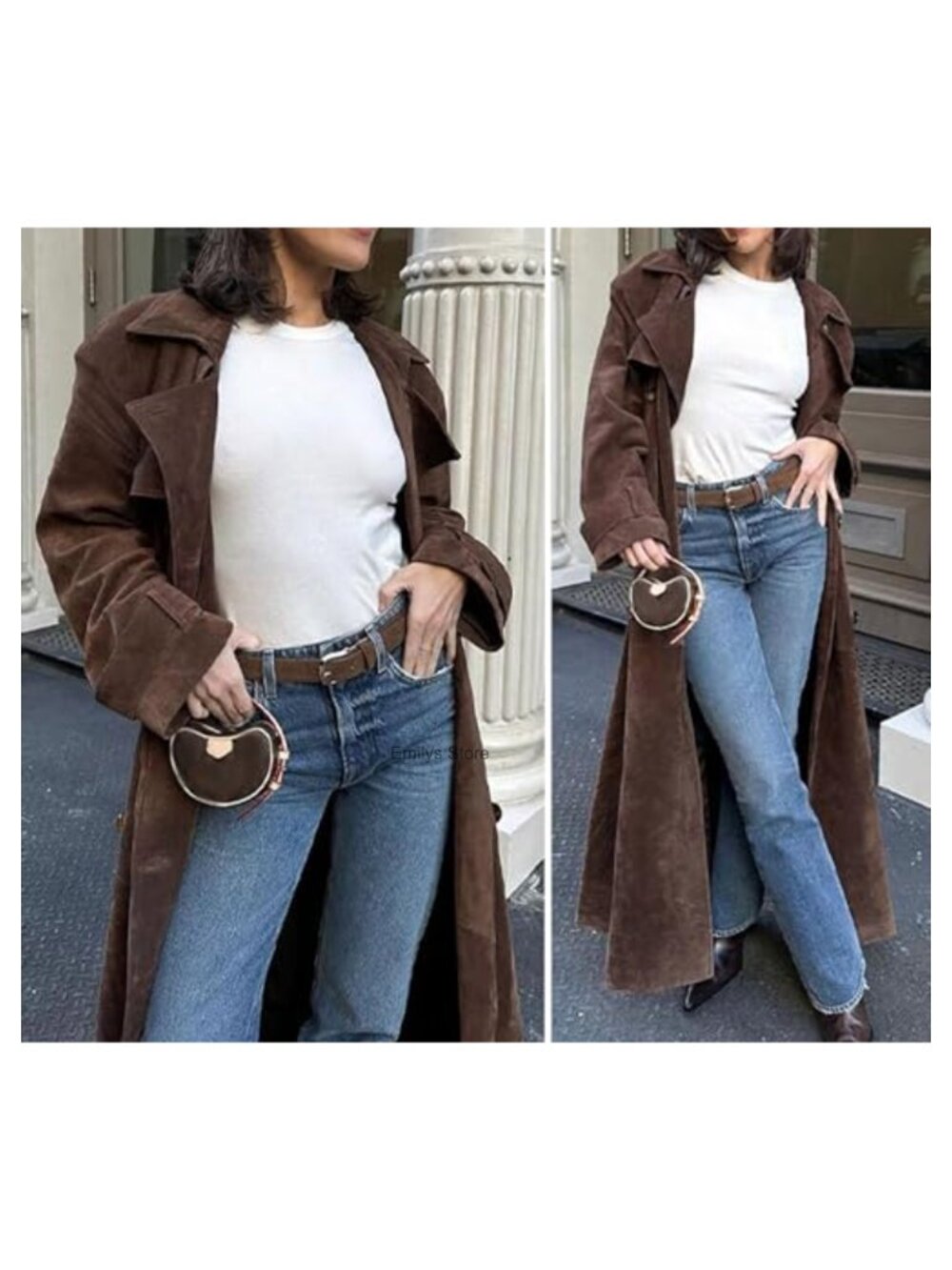 Faux Suede Long Trench Coat Notched Lapel Double Breasted Pea Coat Belt - Picture 5 of 6